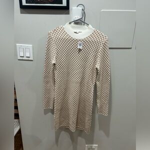New Abercrombie & Fitch Mockneck Checkerboard Beige Tan Cream Sweater Dress MedP